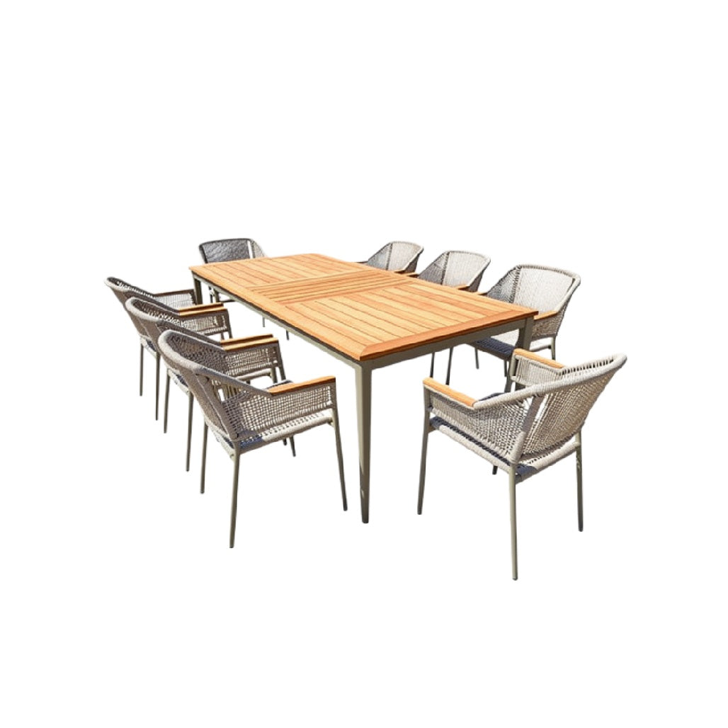Moderne tuinset met houten tafel en wicker stoelen