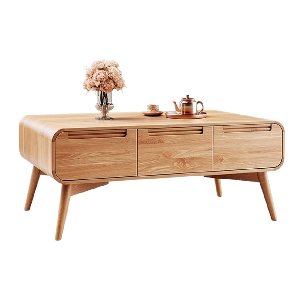 Moderne houten salontafel met lades en stijlvolle vaas.
