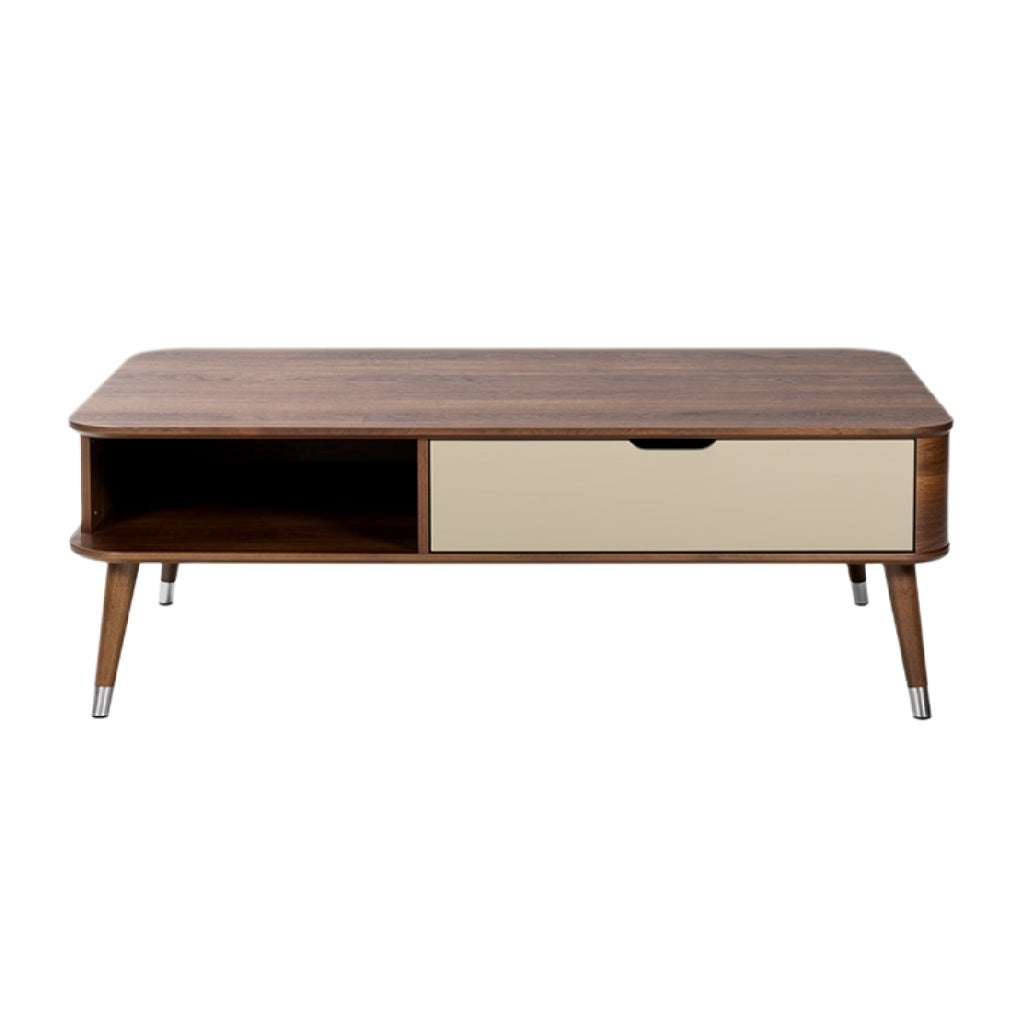 Eenvoudige houten salontafel met lade en open opbergruimte